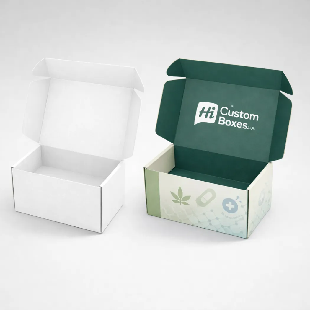 Open mailing boxes shown in plain white and a branded green version with internal printing- class=